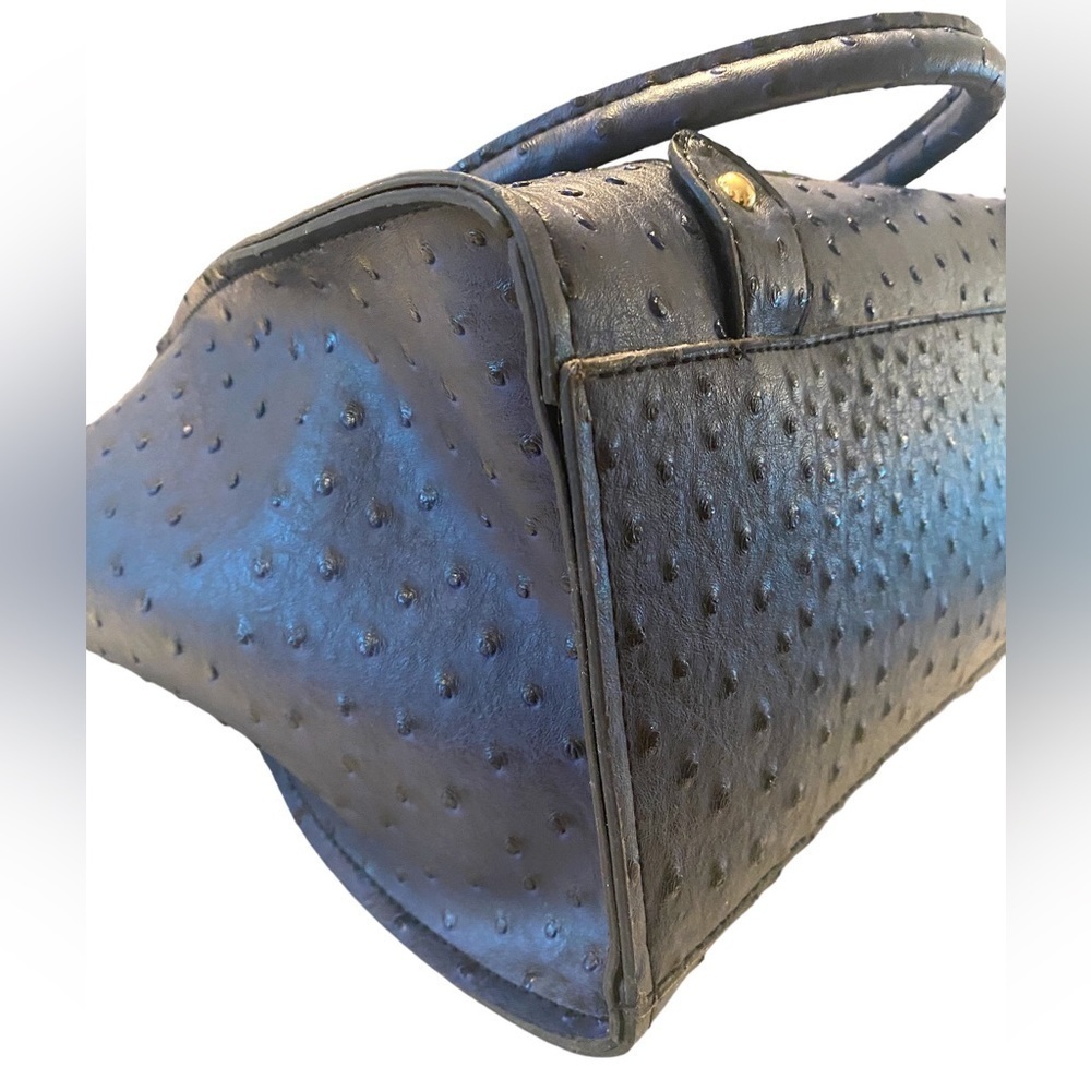 Blue Ostrich Pebbled Faux Leather Shoulder Bag with Gold Hardware - Picture 7 of 10